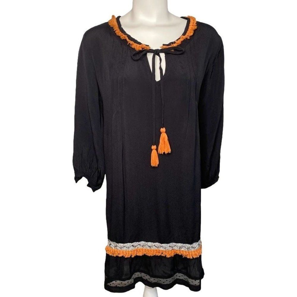 Solito Black Orange‎ Fringe 3/4 Sleeve Dress Medium